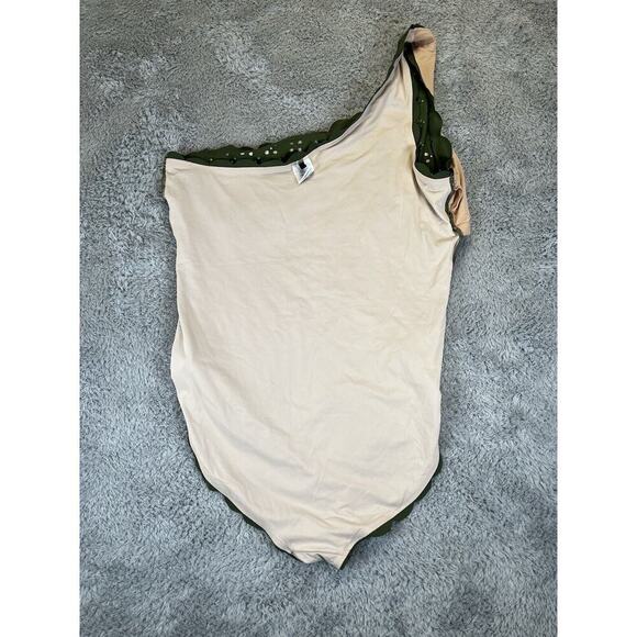 J. Crew Scalloped One-Shoulder‎ Swimsuit Size 20 Green Olive Nude Laser Cut Out - Picture 7 of 9